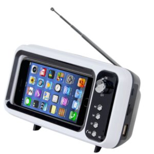 רמקול BLUETOOTH בעיצוב טלויזיה כולל רדיו מובנה ותא צפיה לטלפון
